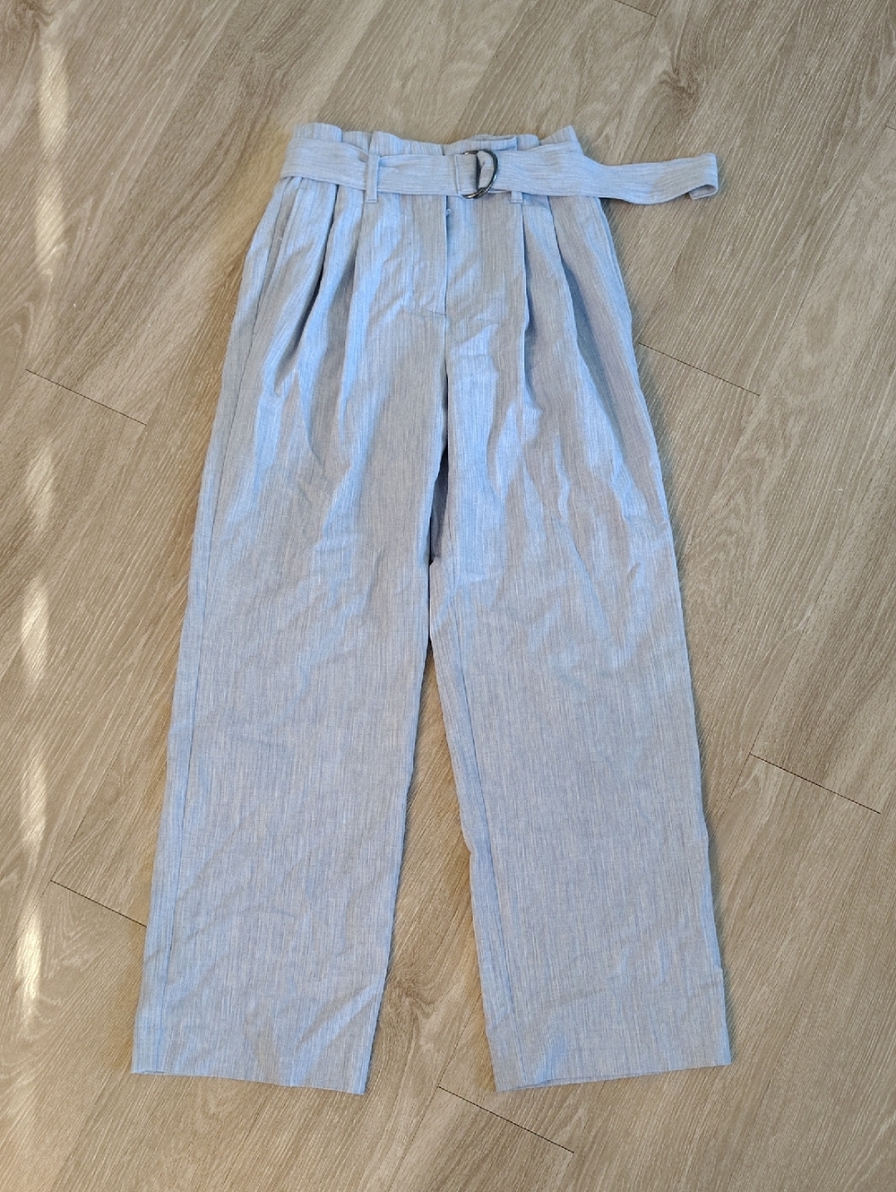 Nine West Light Blue Pleated Wide-Leg Paperbag Pants with Belt